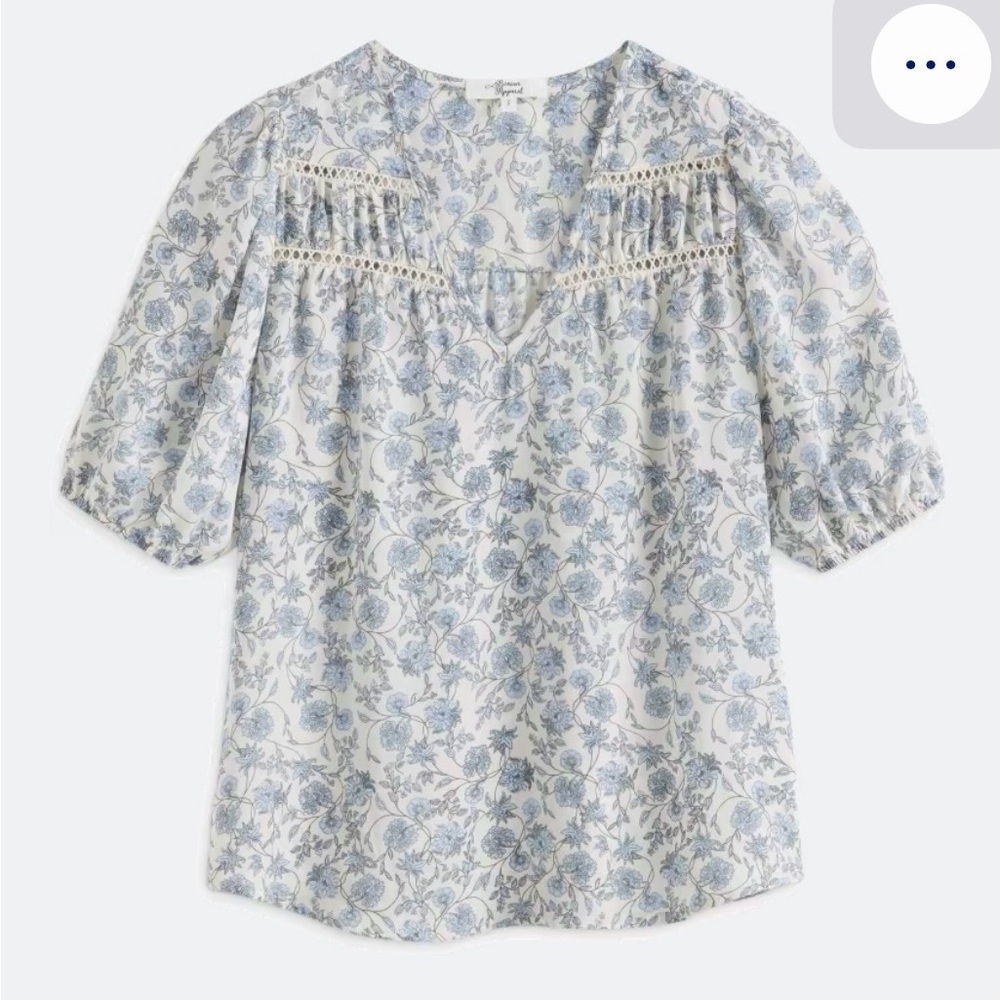 Beacon apparel Cream Blouse with Blue Floral Print and Lace Yoke